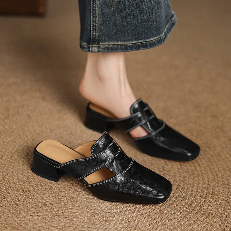 Women's Genuine Leather Mules - Cut-Out Block Heel Shoes in Yellow Brown
