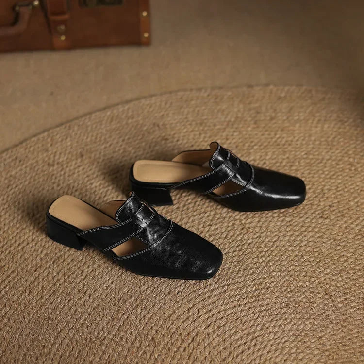 Women's Genuine Leather Mules - Cut-Out Block Heel Shoes in Yellow Brown