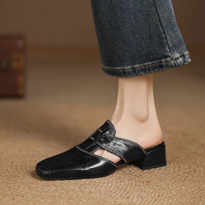 Women's Genuine Leather Mules - Cut-Out Block Heel Shoes in Yellow Brown
