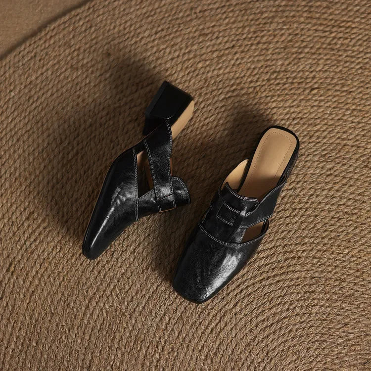 Women's Genuine Leather Mules - Cut-Out Block Heel Shoes in Yellow Brown
