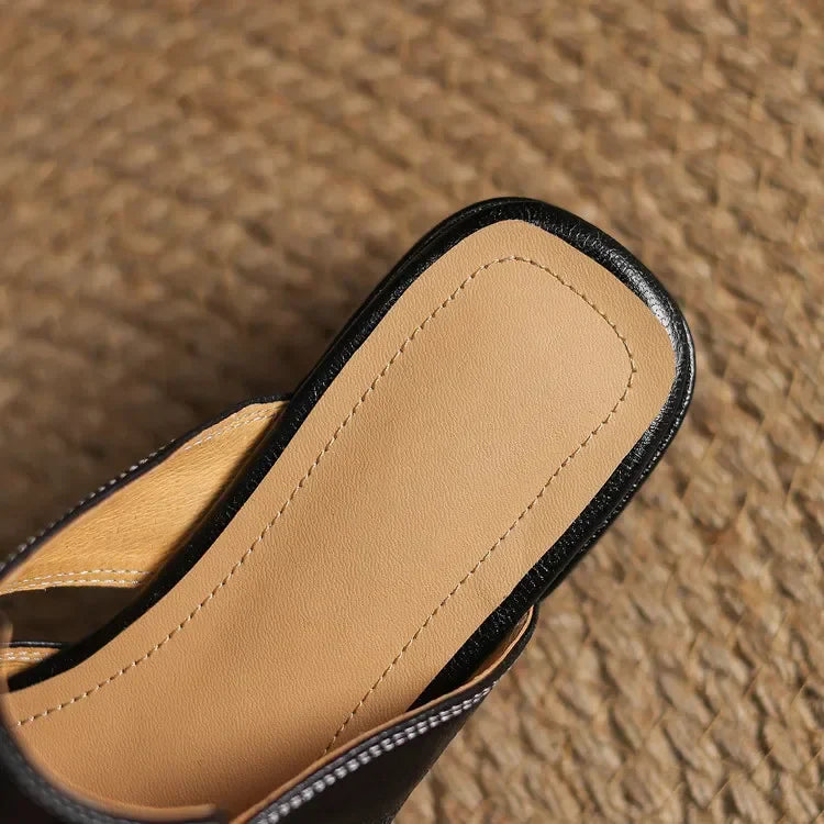 Women's Genuine Leather Mules - Cut-Out Block Heel Shoes in Yellow Brown