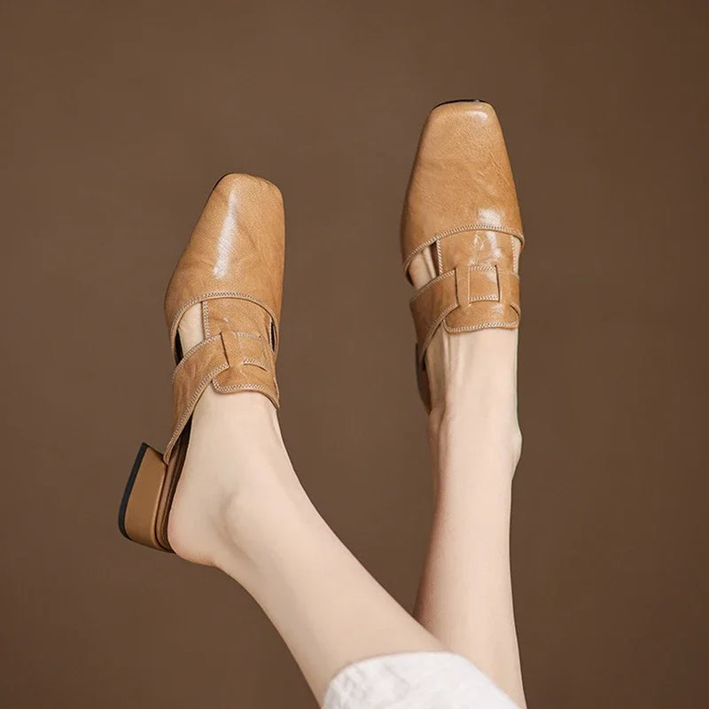 Women's Genuine Leather Mules - Cut-Out Block Heel Shoes in Yellow Brown