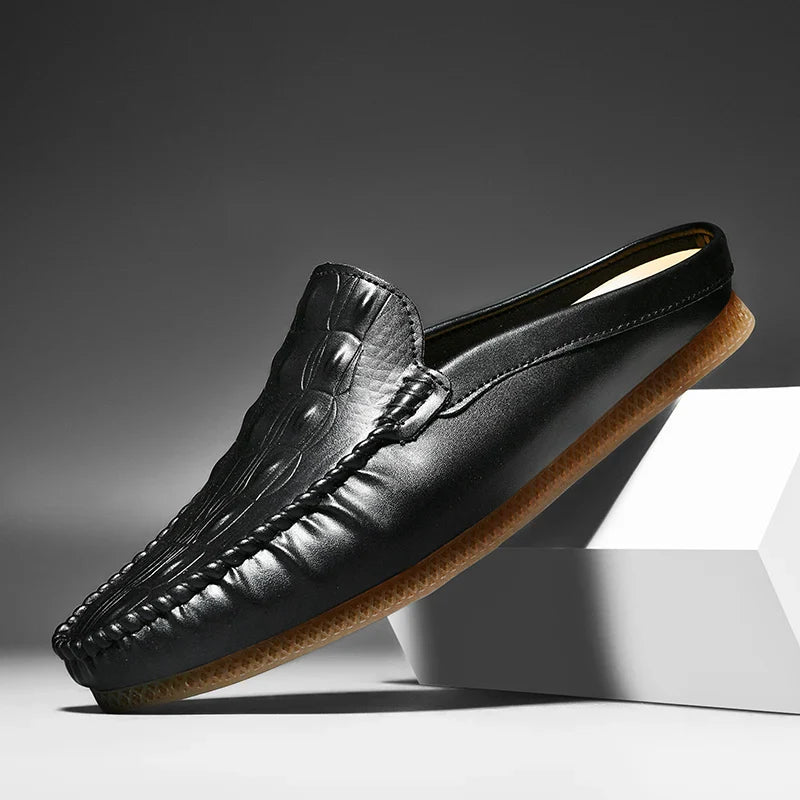 Men's Backless Leather Loafers - Slip-On Mule Dress Shoes in Yellow Brown