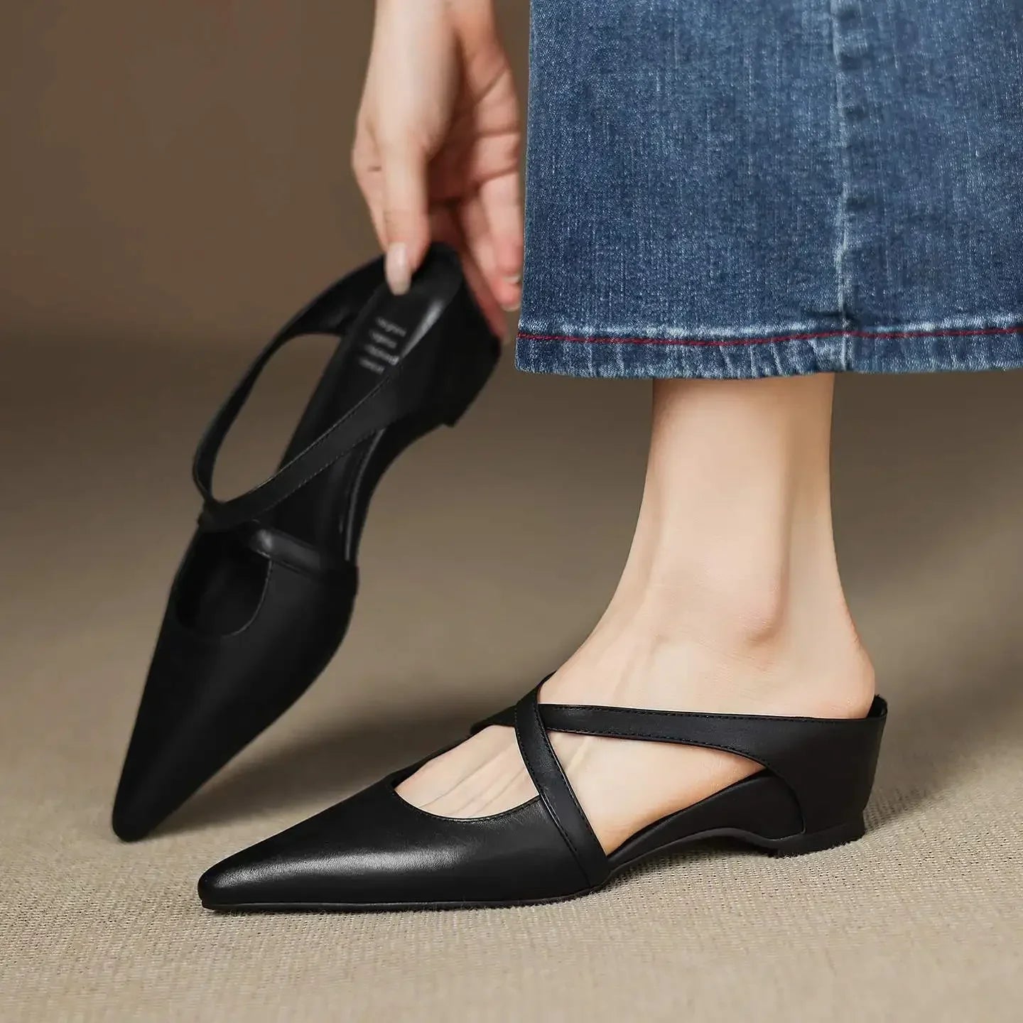 Women's Leather Cross-Strap Mules - Pointed Toe Wedge Shoes in Yellow Brown