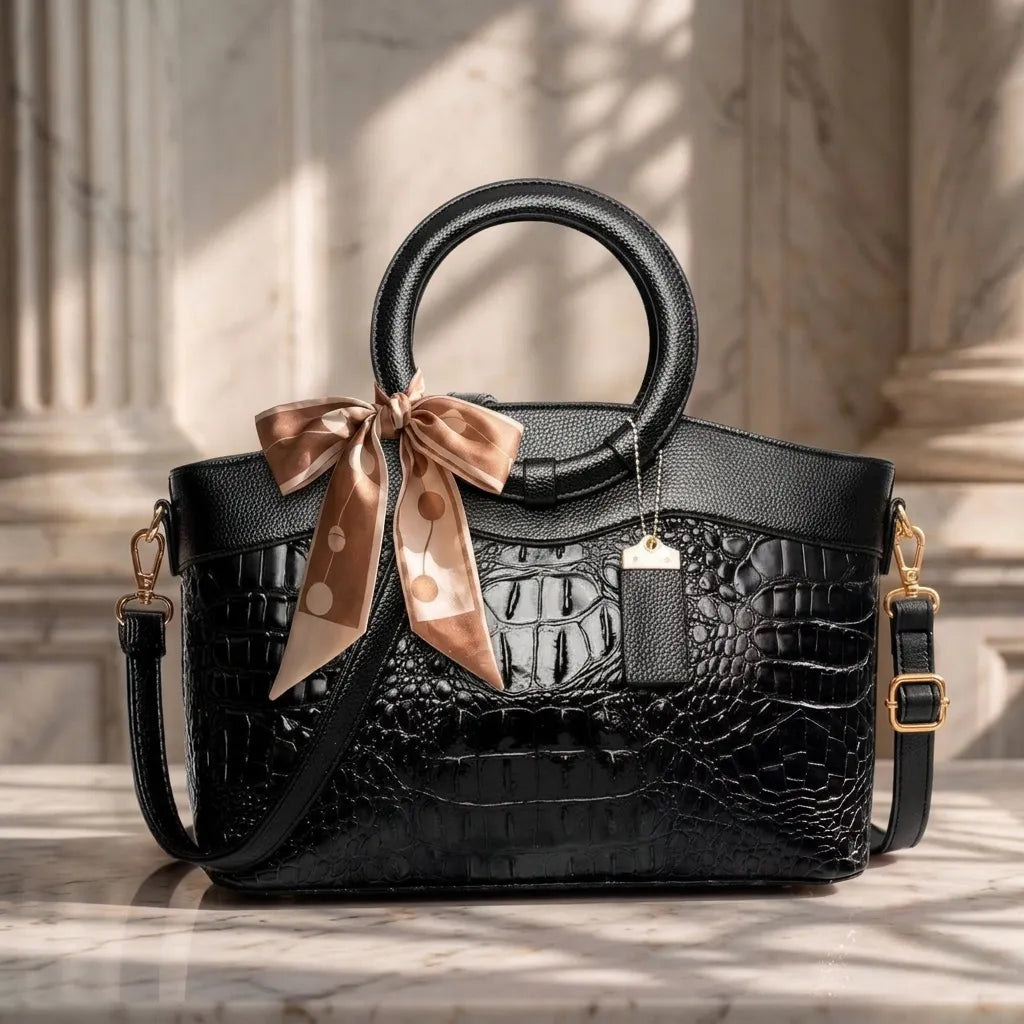 Croc-embossed leather satchel with top handles and crossbody strap