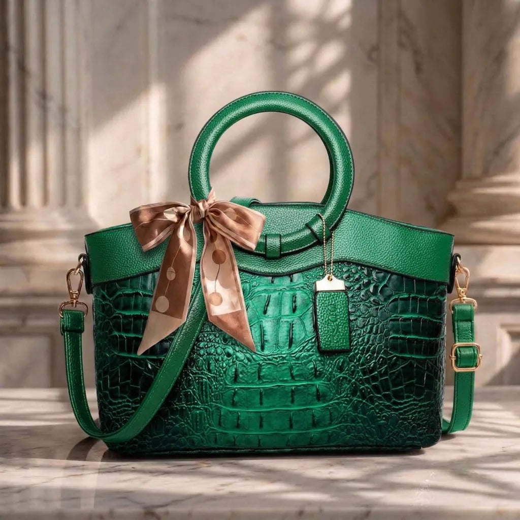 Croc-embossed leather satchel with top handles and crossbody strap