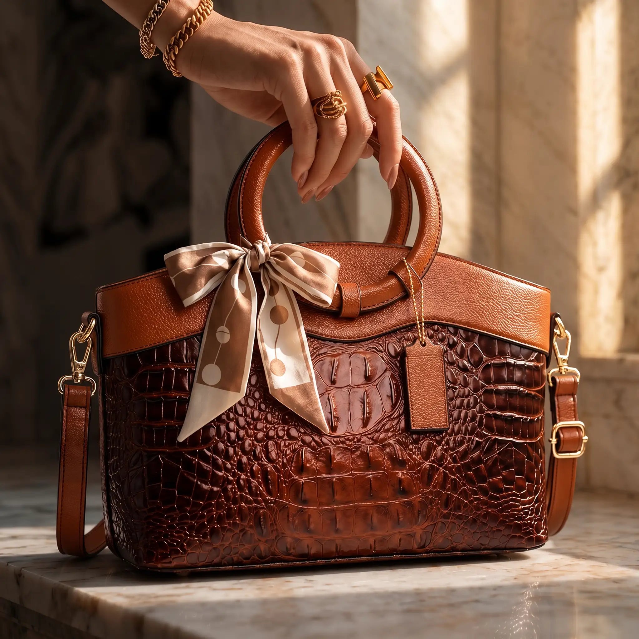 Croc-embossed leather satchel with top handles and crossbody strap
