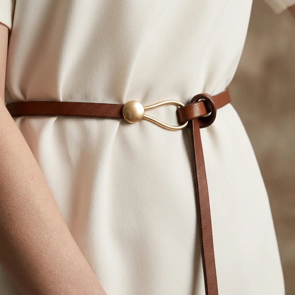 Slim premium leather belt with sculptural gold pin-hook buckle