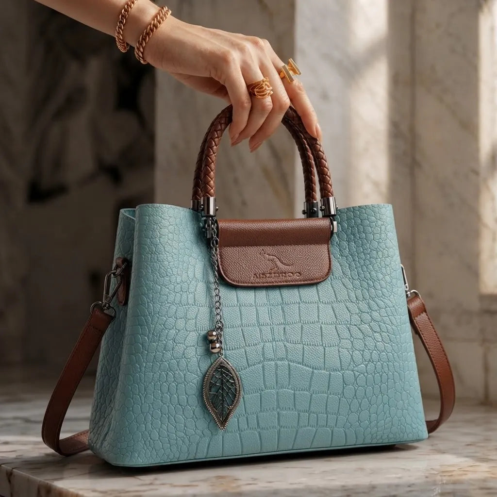 Croc-embossed leather shoulder bag with braided top handle