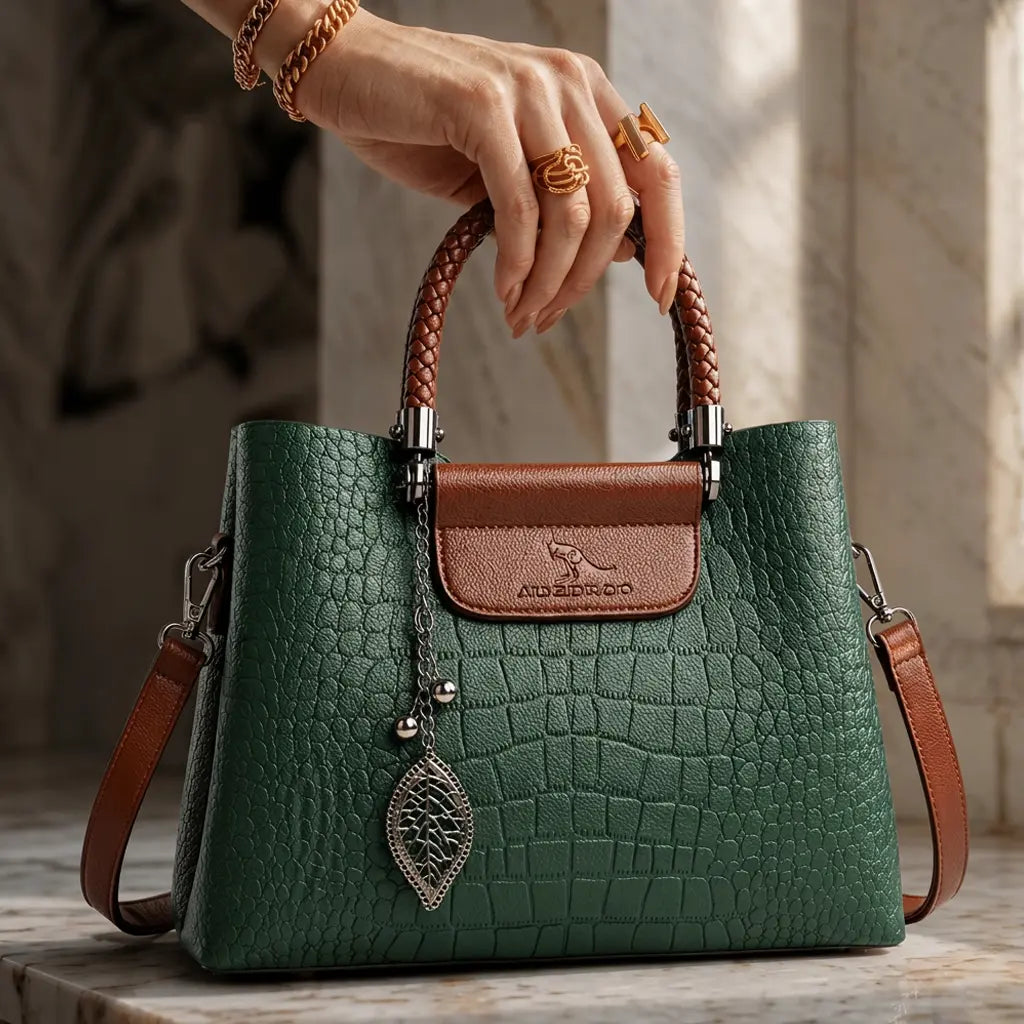 Croc-embossed leather shoulder bag with braided top handle