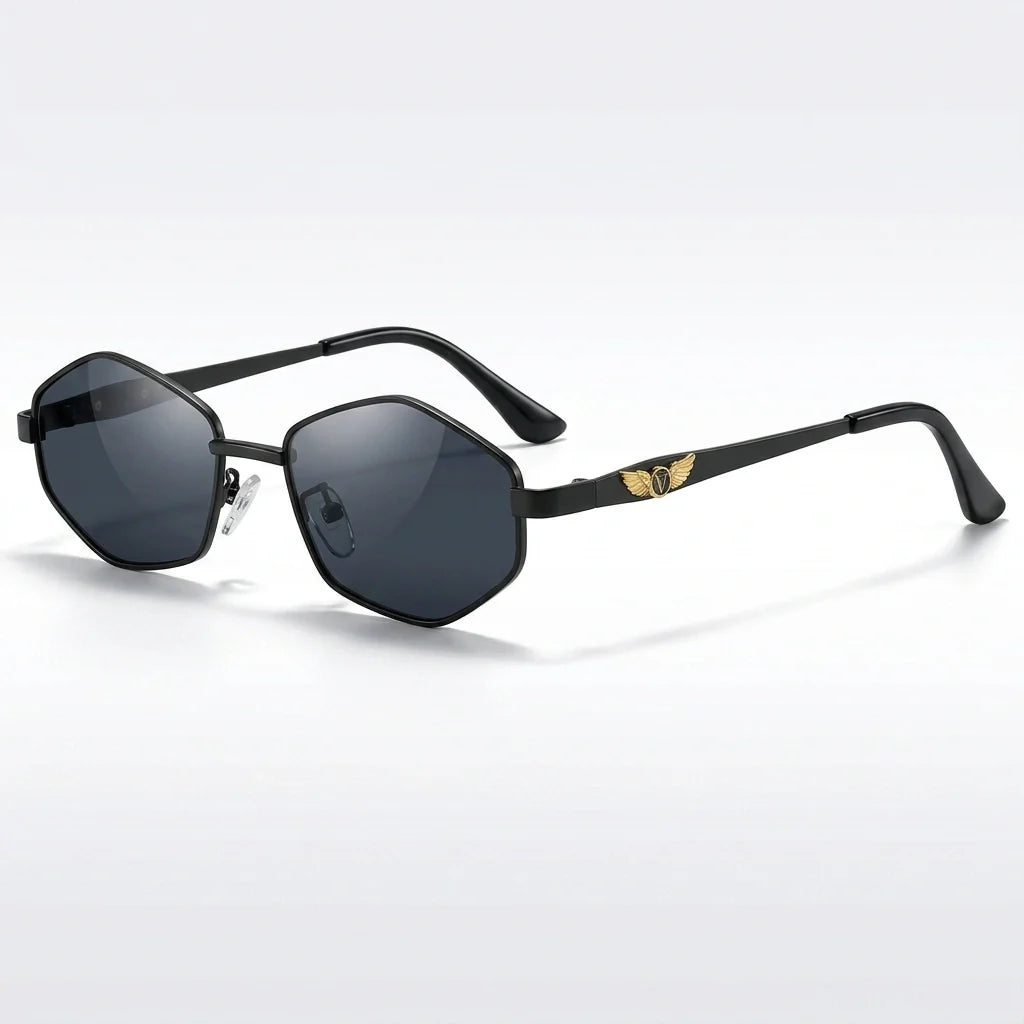 Polarized Geometric Sunglasses - Gold Frame UV400 Shades in Classic Black