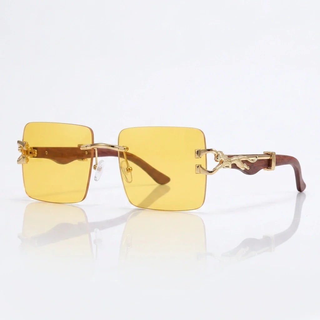 Rimless gradient sunglasses with gold leopard temple detail