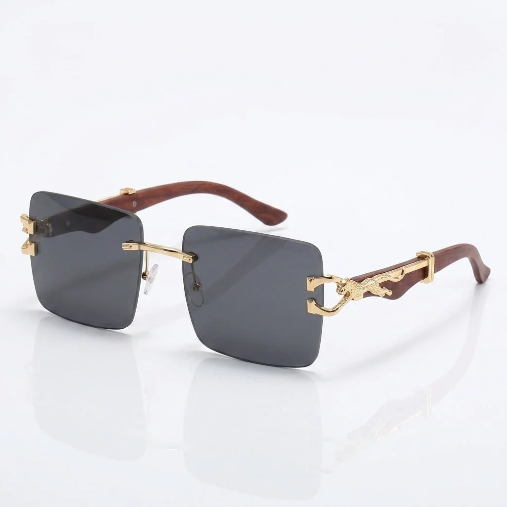 Rimless gradient sunglasses with gold leopard temple detail