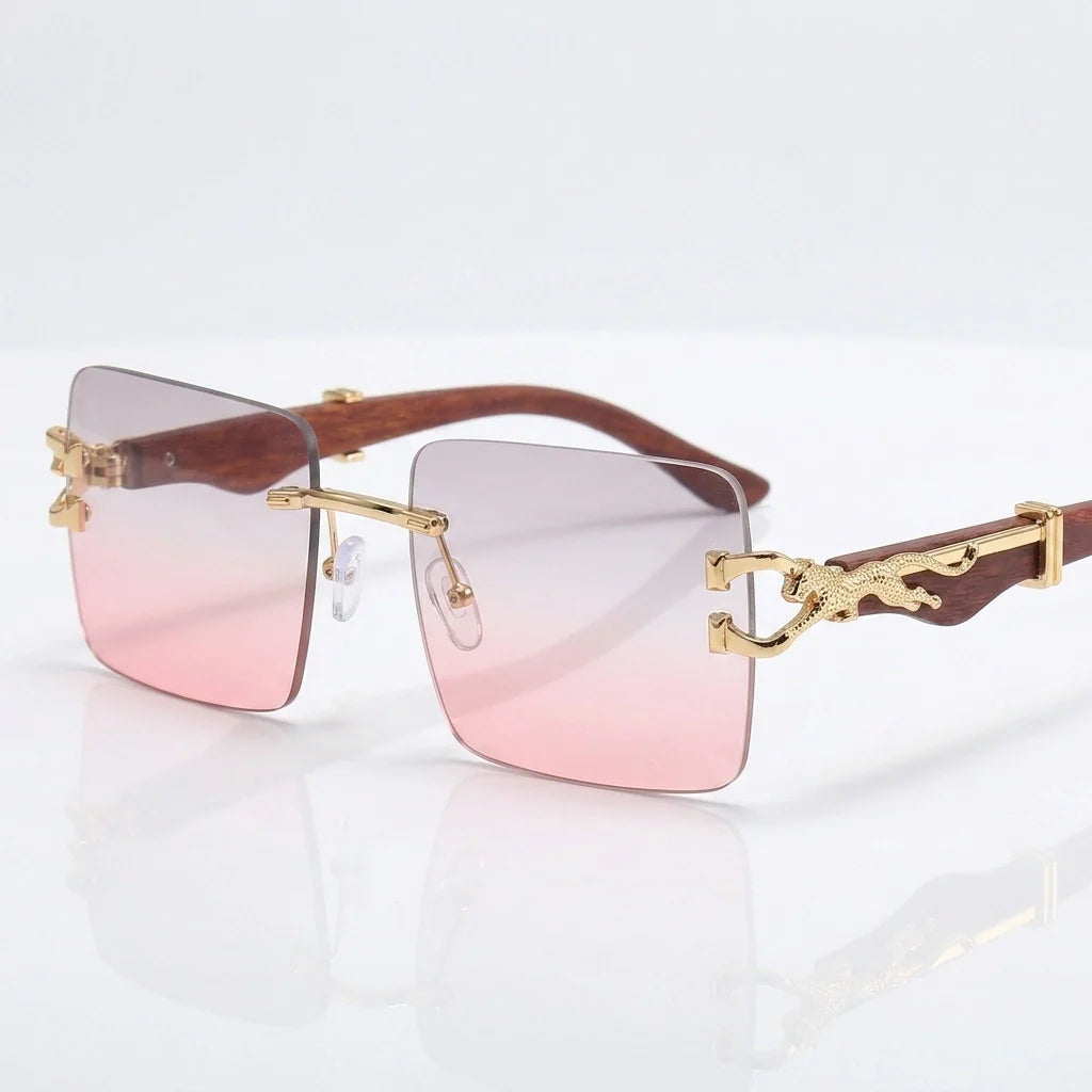 Rimless gradient sunglasses with gold leopard temple detail