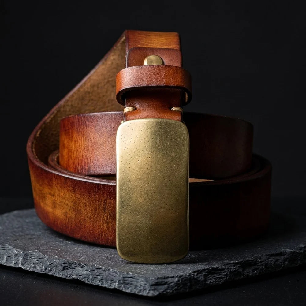 Full Grain Brass Buckle Belt Genuine Leather Men Vintage Style