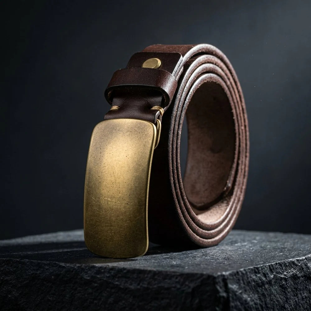 Full Grain Brass Buckle Belt Genuine Leather Men Vintage Style