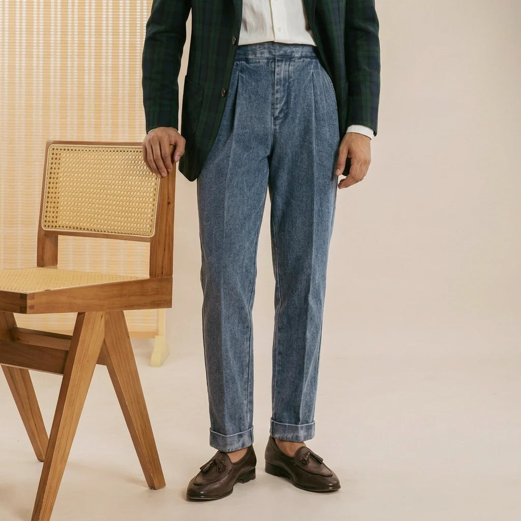 Marco Organic Cotton Pleated Denim Trousers