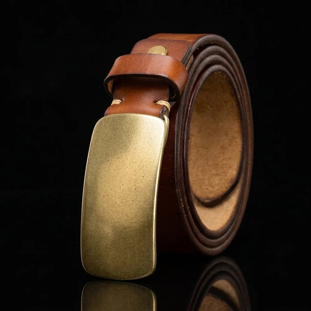 Full Grain Brass Buckle Belt Genuine Leather Men Vintage Style