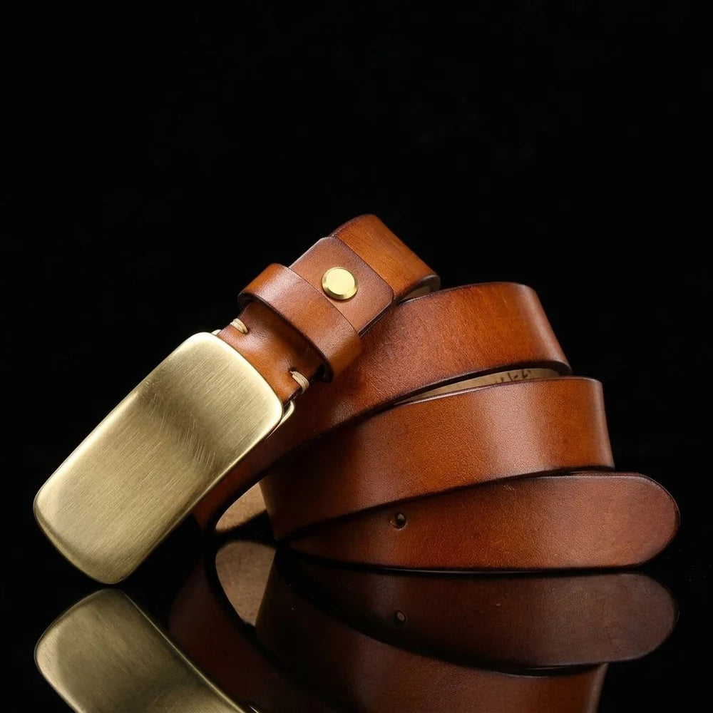 Full Grain Brass Buckle Belt Genuine Leather Men Vintage Style