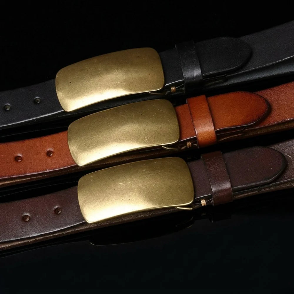 Full Grain Brass Buckle Belt Genuine Leather Men Vintage Style