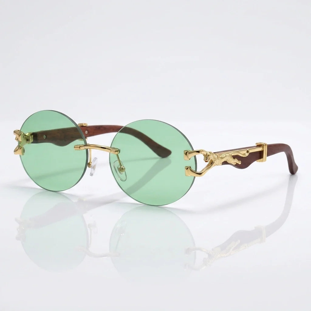 Round rimless sunglasses with gold leopard side detail