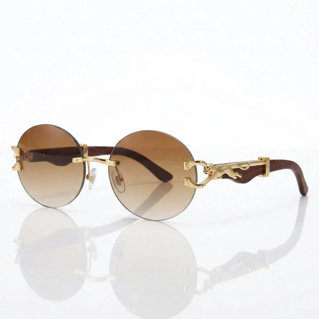 Round rimless sunglasses with gold leopard side detail