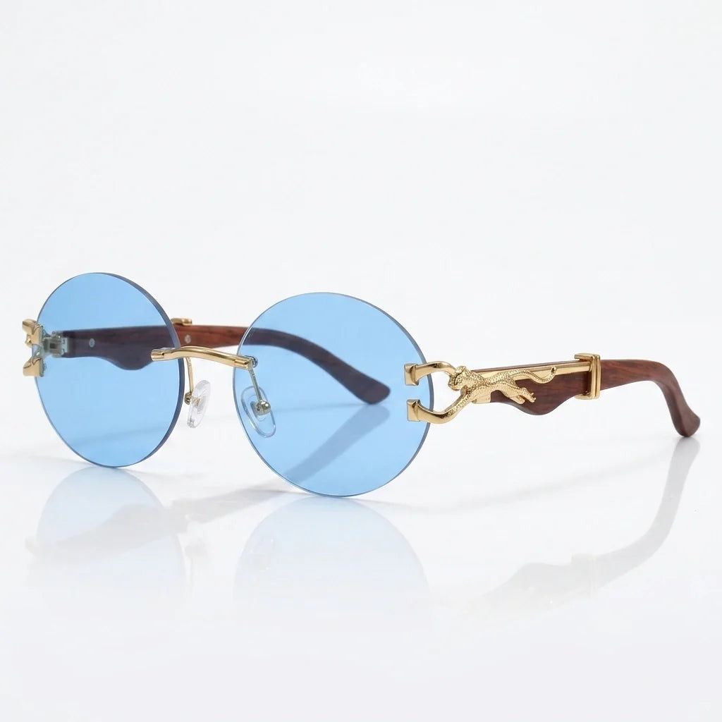 Round rimless sunglasses with gold leopard side detail