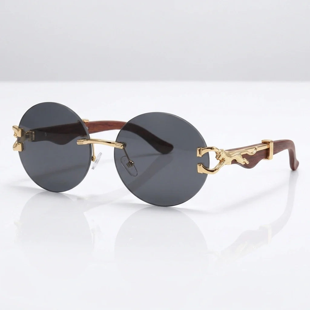 Round rimless sunglasses with gold leopard side detail