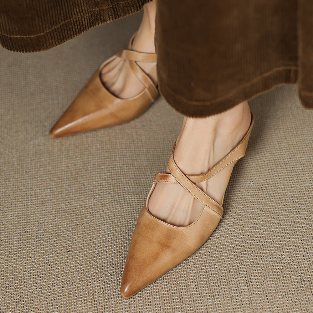 Women's Leather Cross-Strap Mules - Pointed Toe Wedge Shoes in Yellow Brown