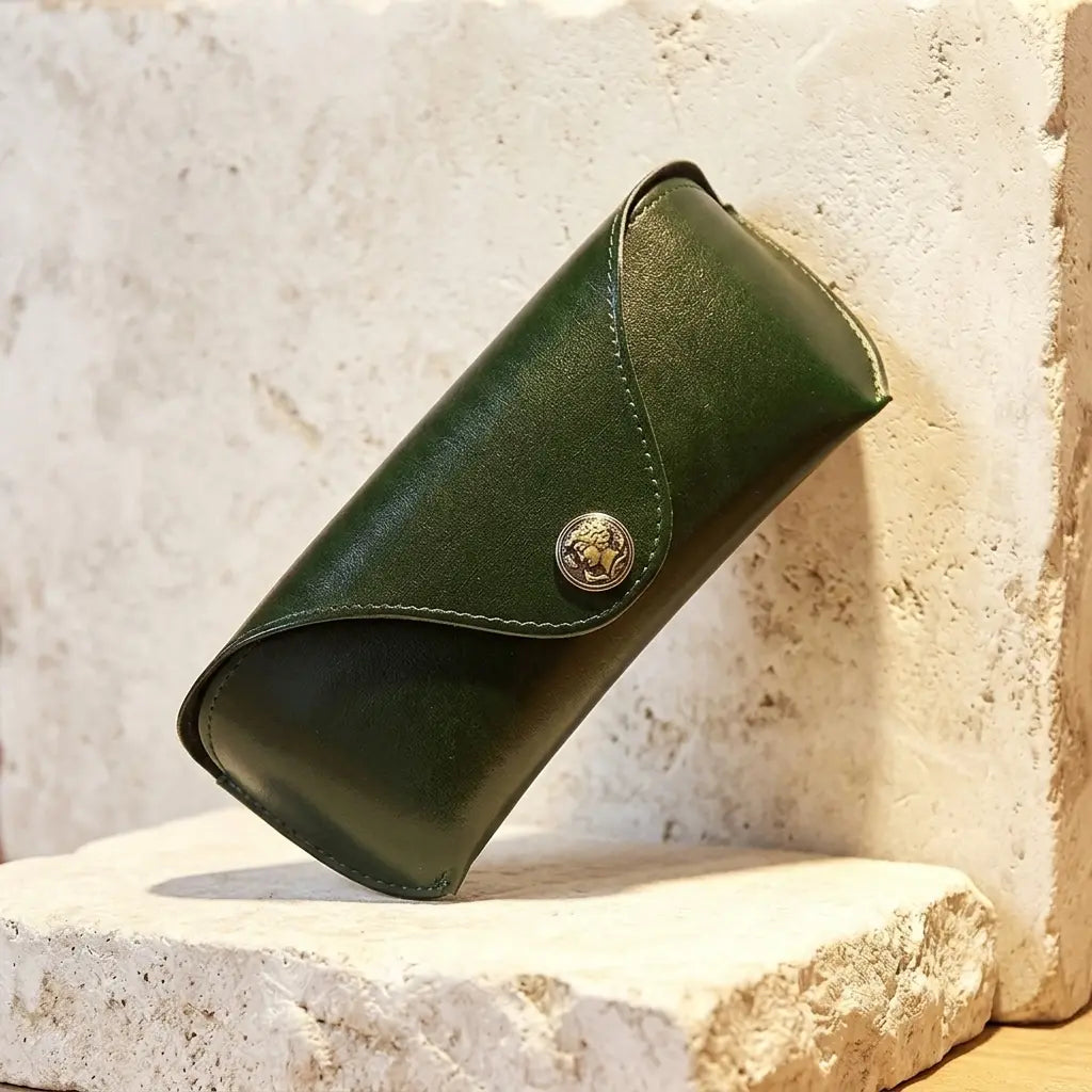 Vintage leather sunglasses case with antique cameo snap