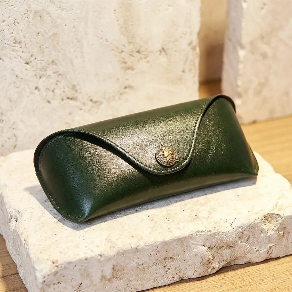 Vintage leather sunglasses case with antique cameo snap