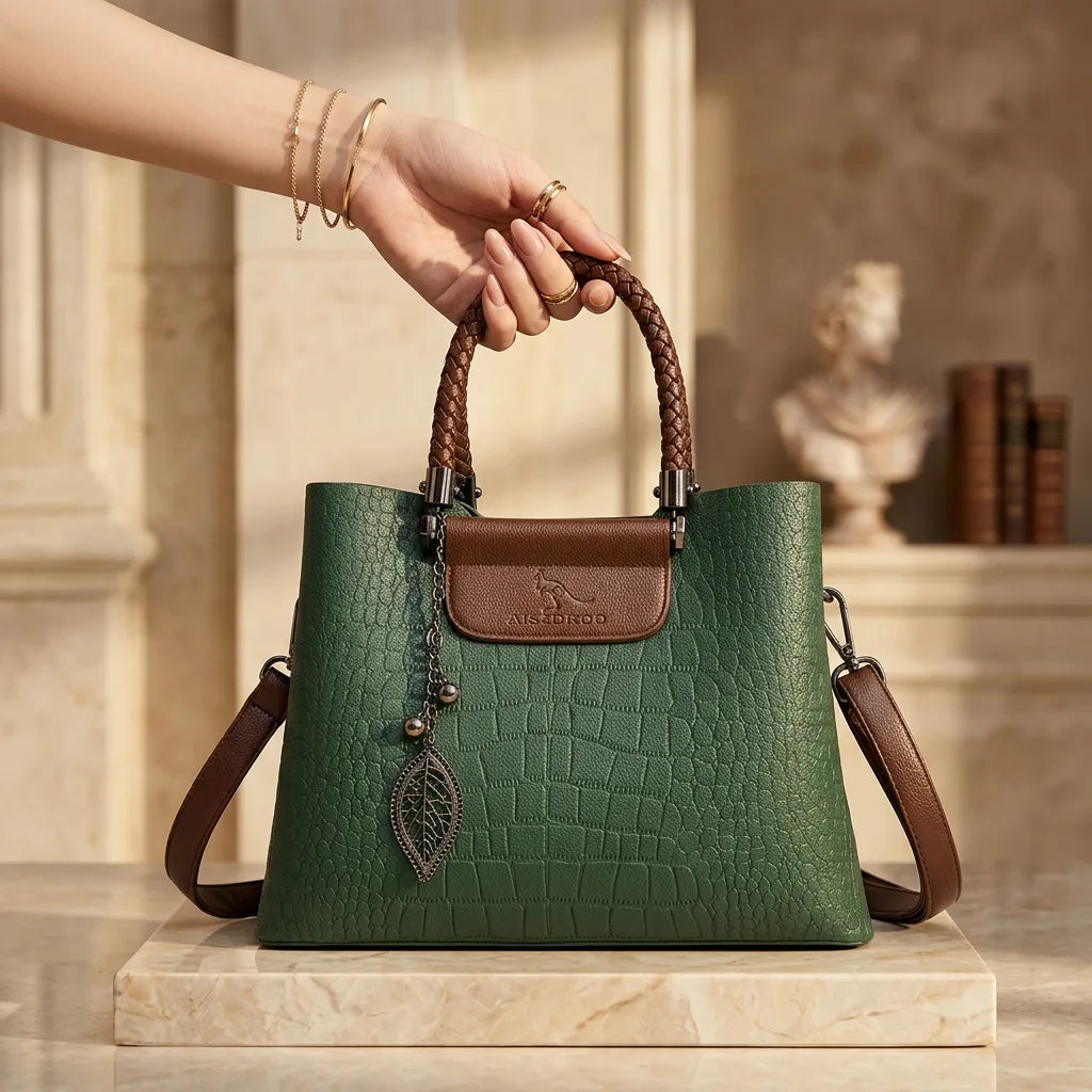 Croc-embossed leather shoulder bag with braided top handle