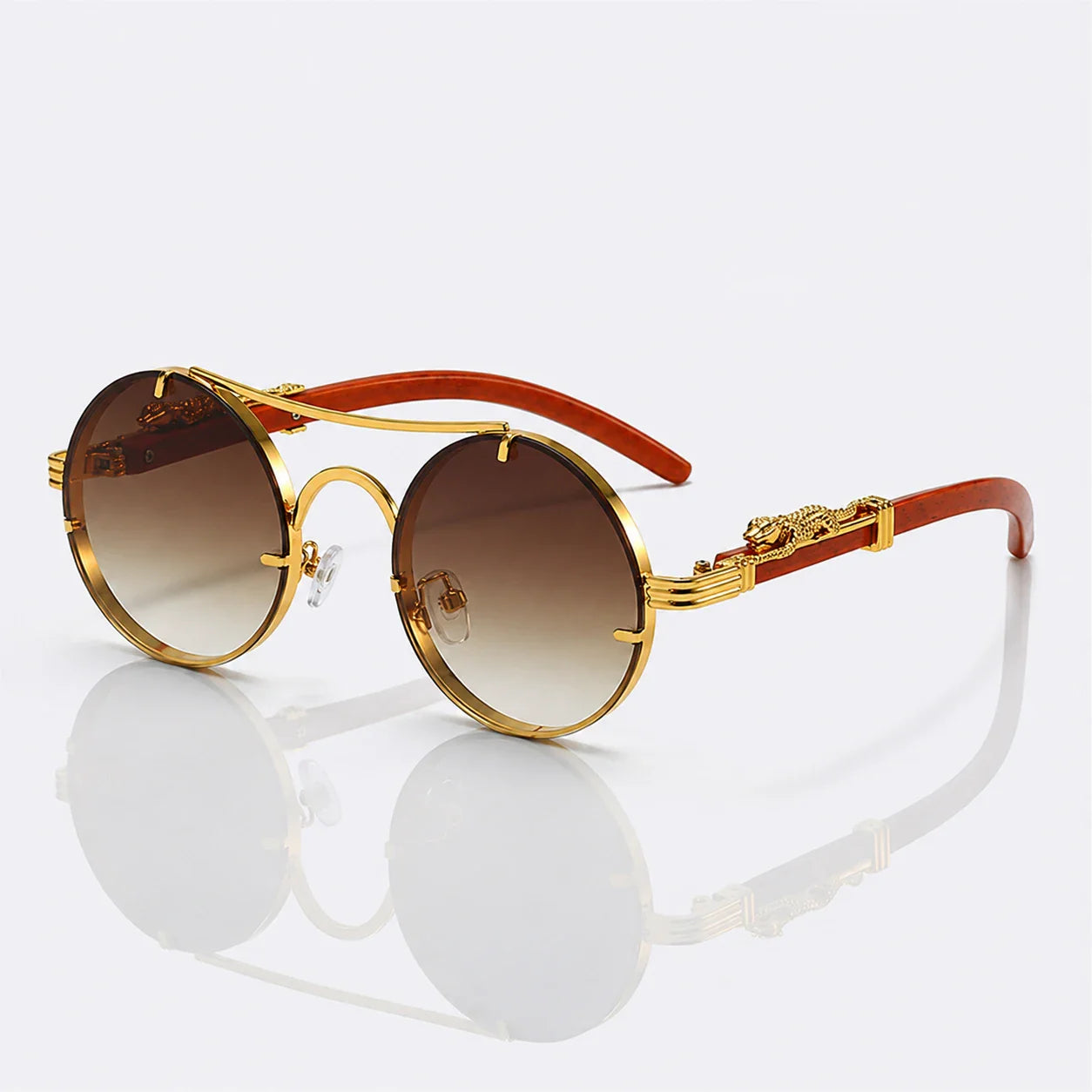 Leopard Temple Rimless Sunglasses - Gold Metal UV400 Statement Shades