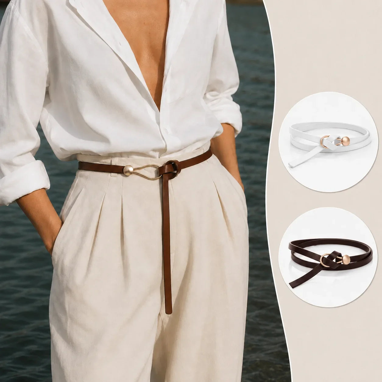 Slim premium leather belt with sculptural gold pin-hook buckle