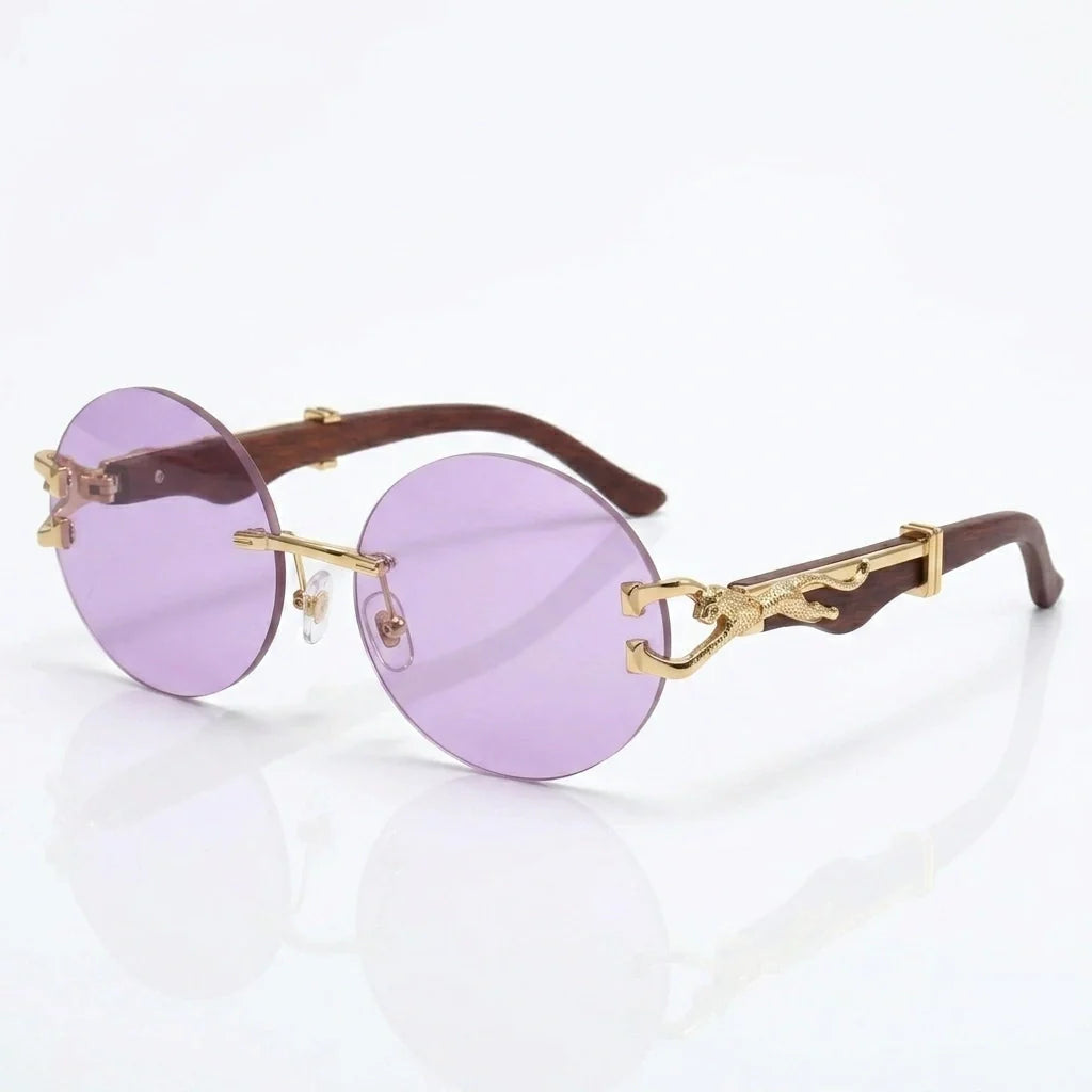 Round rimless sunglasses with gold leopard side detail