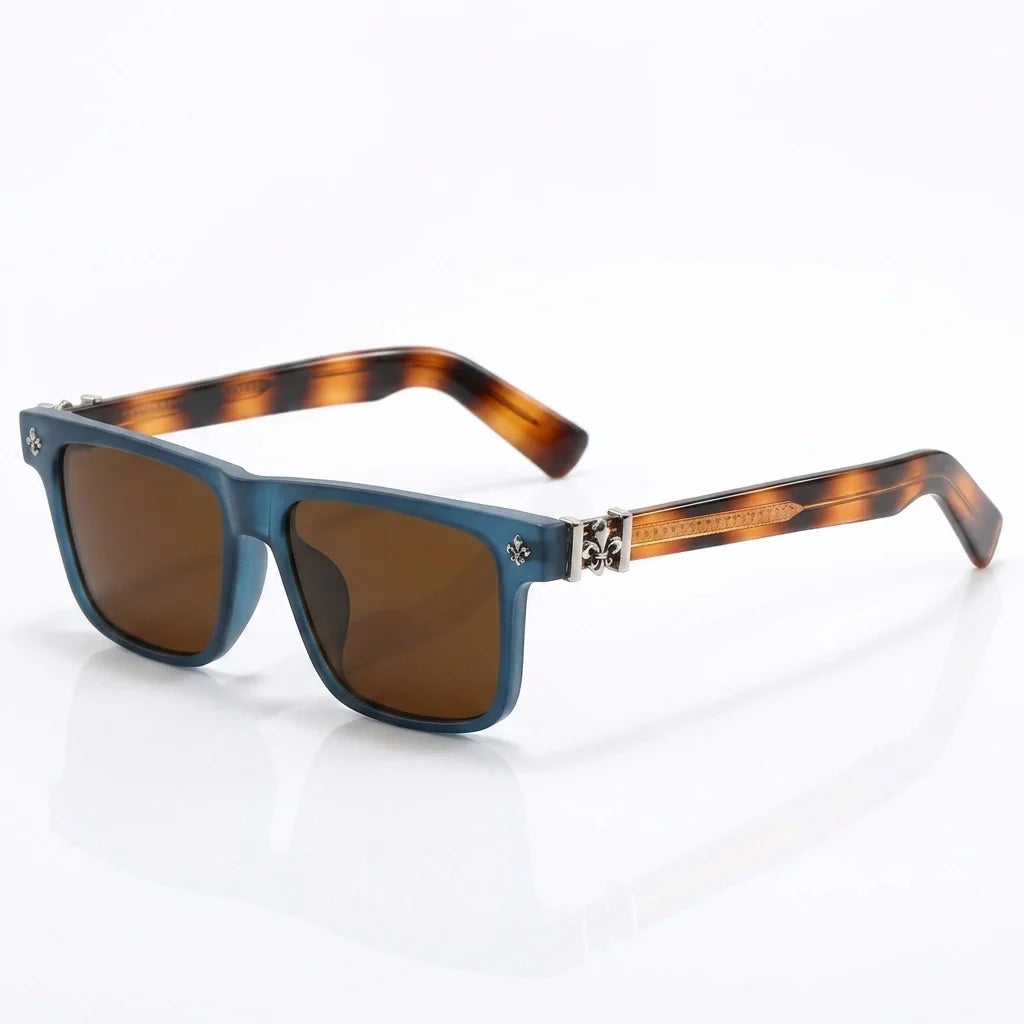 Bold square acetate sunglasses with contrasting temple arms