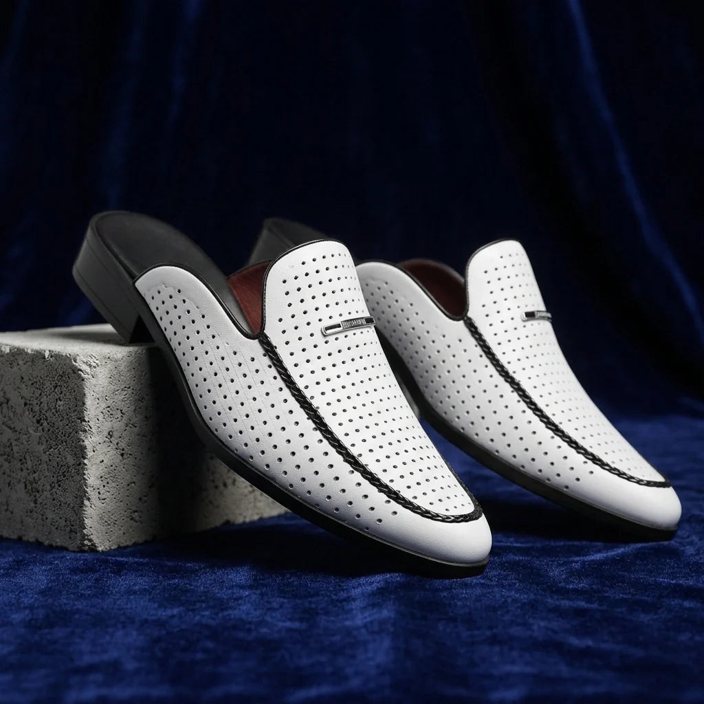 Perforated leather slip-on mules with gold hardware