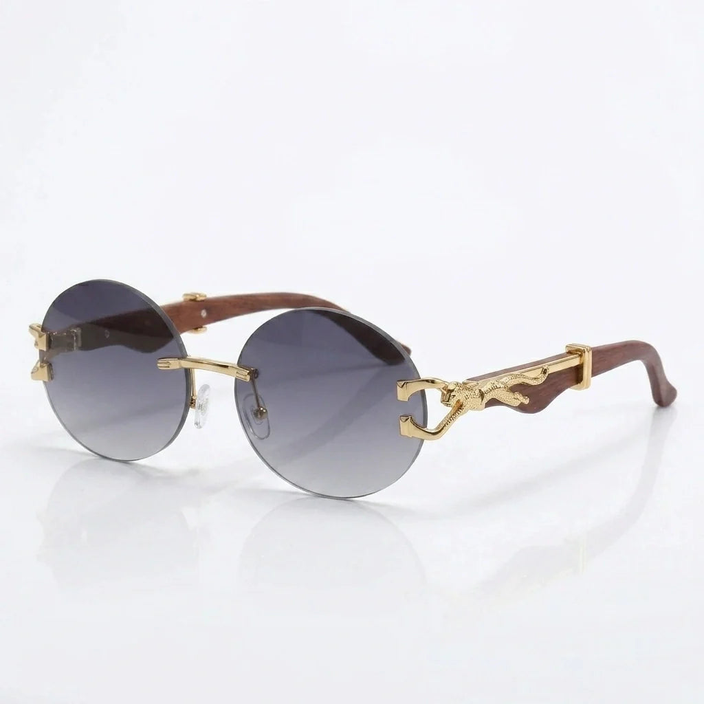 Round rimless sunglasses with gold leopard side detail