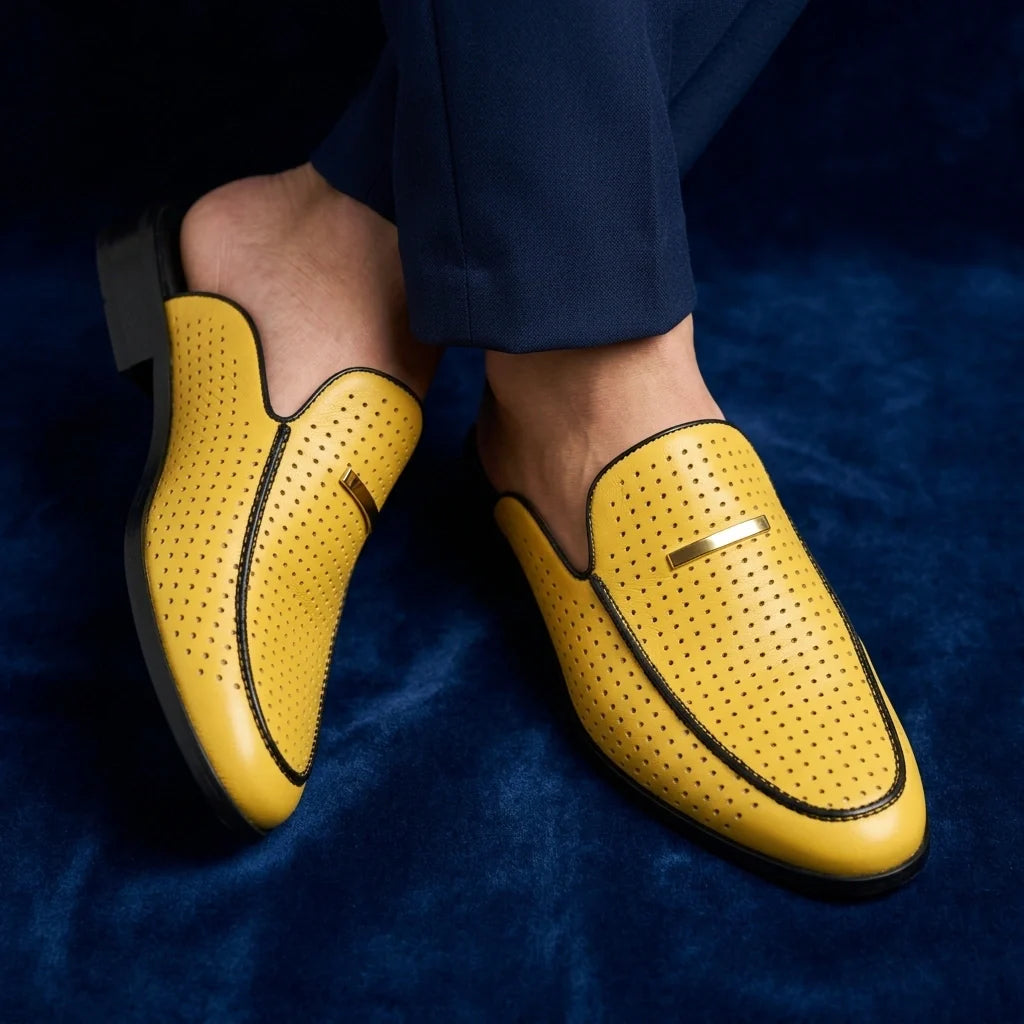 Perforated leather slip-on mules with gold hardware