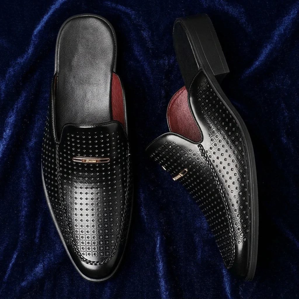 Perforated leather slip-on mules with gold hardware