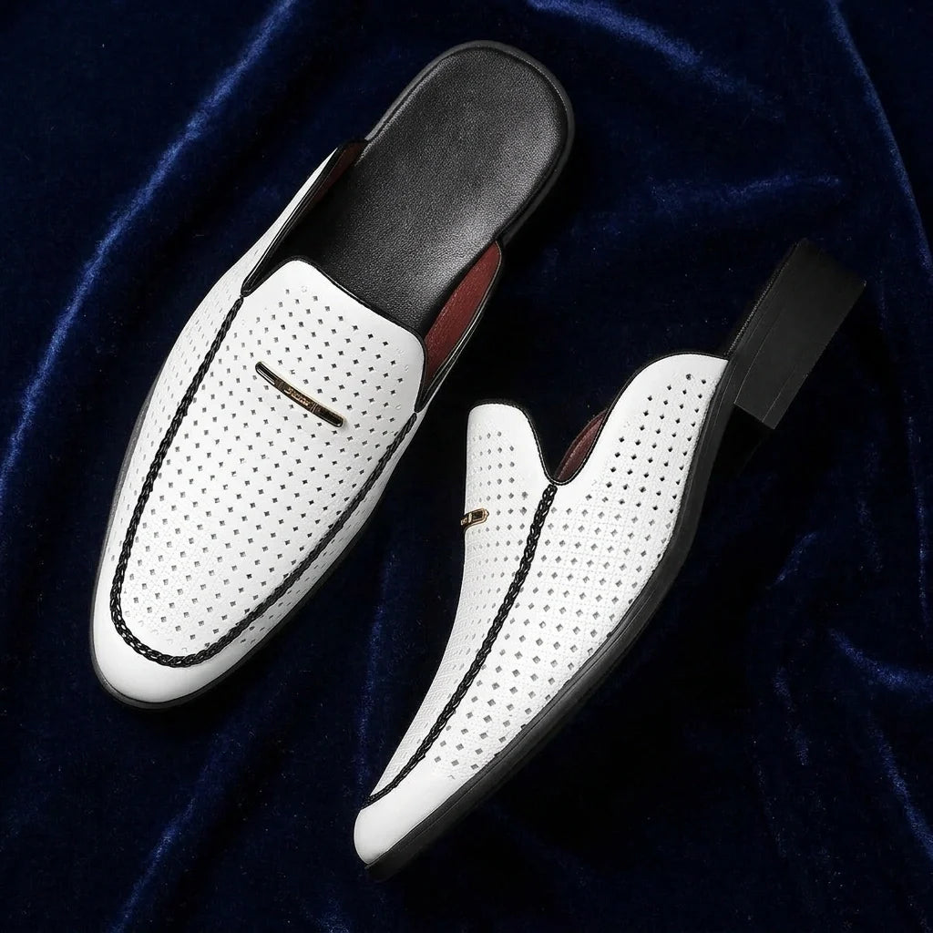 Perforated leather slip-on mules with gold hardware